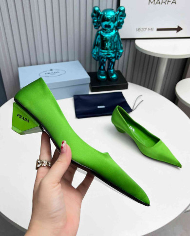 Prada Style Pointed Toe Block Heel Solid Pumps