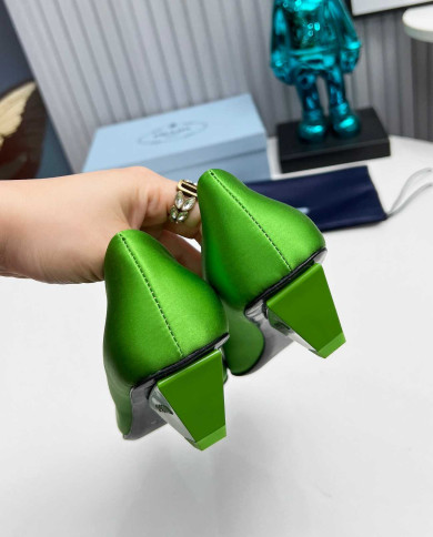 Prada Style Pointed Toe Block Heel Solid Pumps