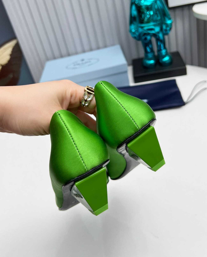 Prada Style Pointed Toe Block Heel Solid Pumps