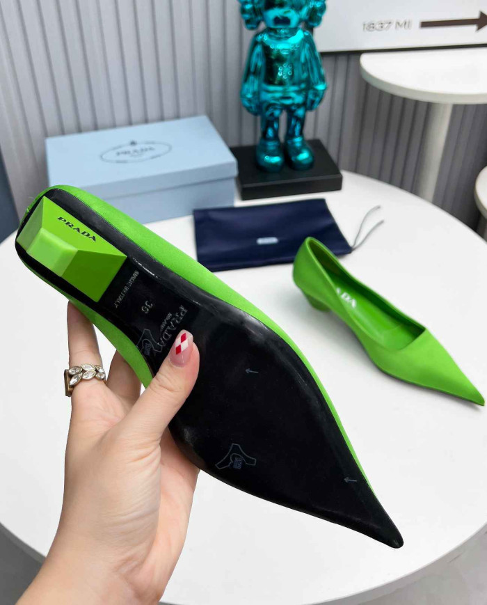 Prada Style Pointed Toe Block Heel Solid Pumps