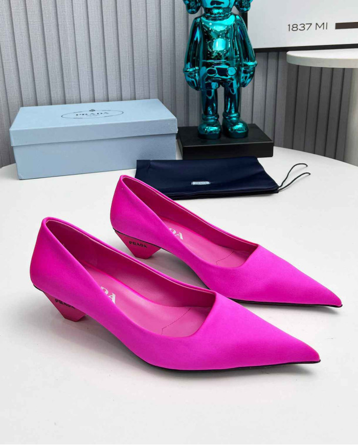 Prada Style Pointed Toe Block Heel Solid Pumps