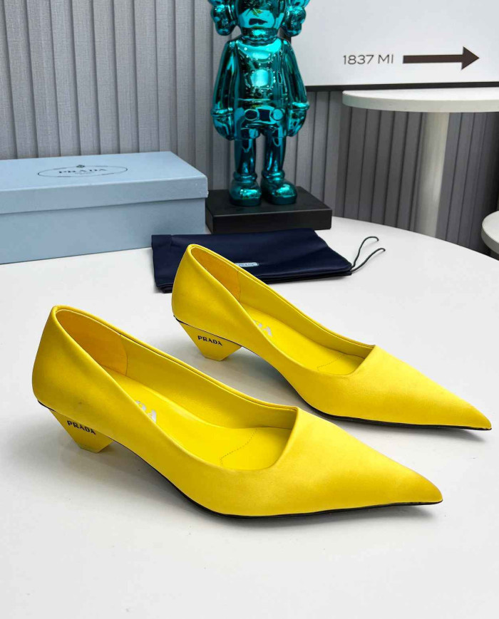 Prada Style Pointed Toe Block Heel Solid Pumps