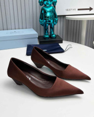 Prada Style Pointed Toe Block Heel Solid Pumps