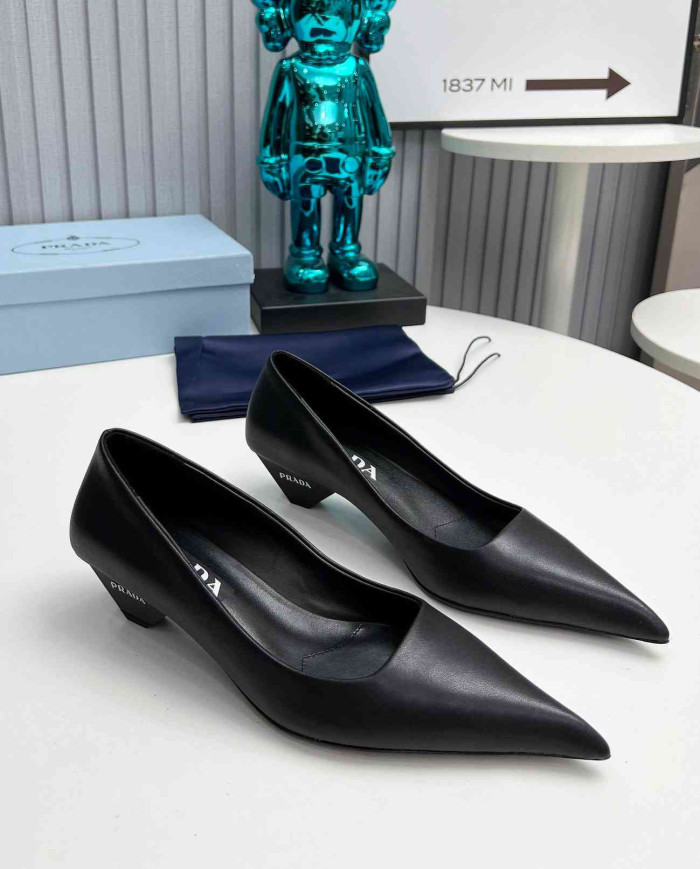 Prada Style Pointed Toe Block Heel Solid Pumps
