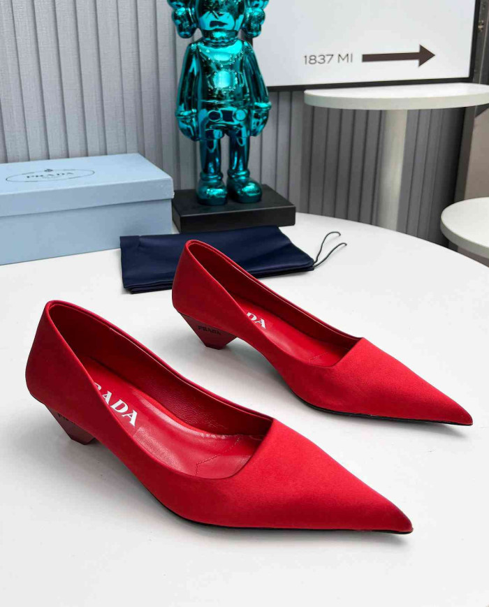 Prada Style Pointed Toe Block Heel Solid Pumps