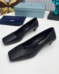 Prada Style Square Toe Solid Low Heel Pumps