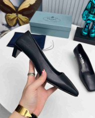 Prada Style Square Toe Solid Low Heel Pumps