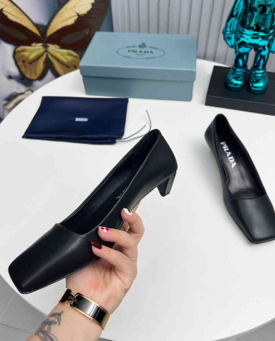 Prada Style Square Toe Solid Low Heel Pumps
