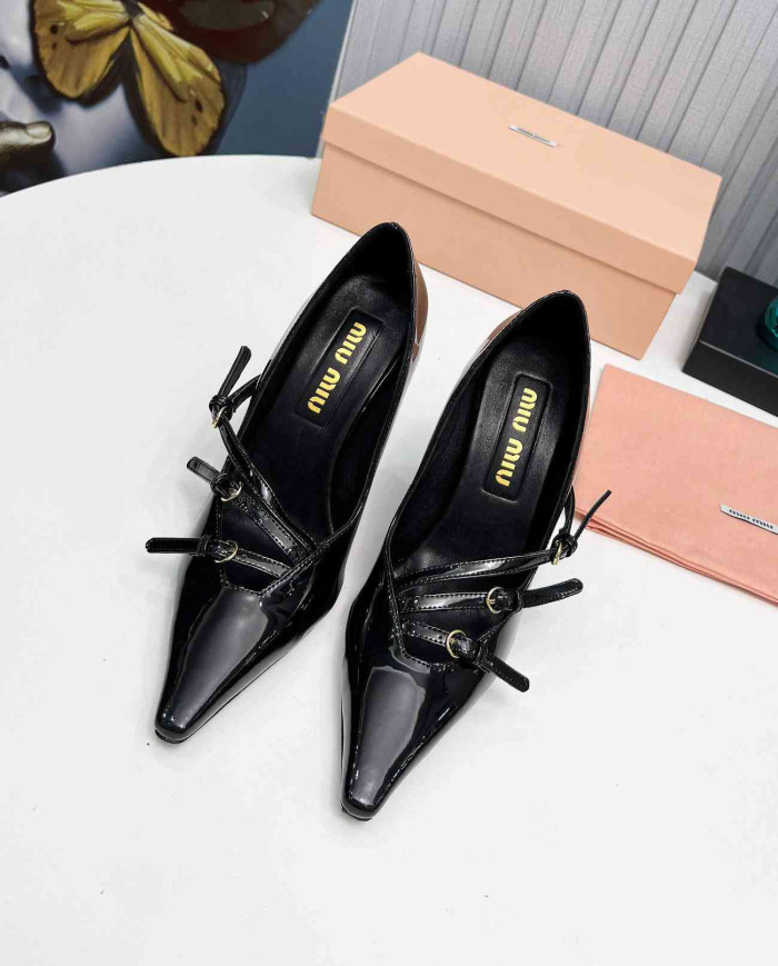 Miu Miu Patent Leather Buckle Pointed Toe Pumps