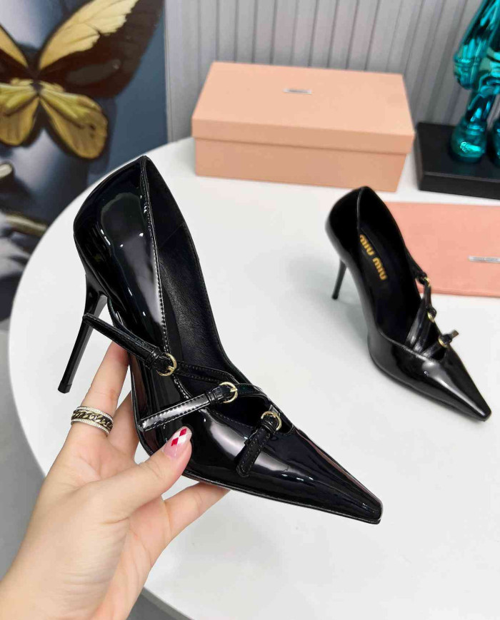 Miu Miu Patent Leather Buckle Pointed Toe Pumps