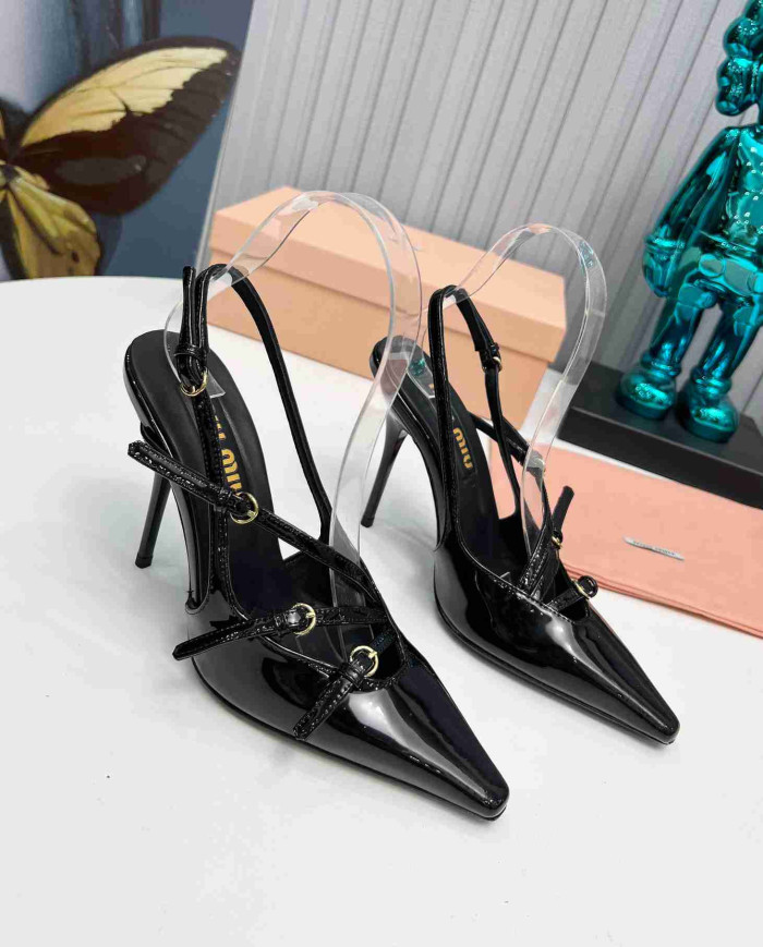 Miu Miu Patent Leather Buckle Pointed Toe Stiletto Slingback Sandals