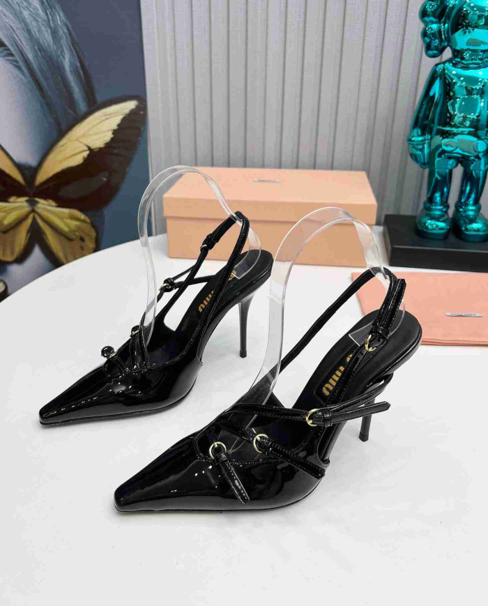 Miu Miu Patent Leather Buckle Pointed Toe Stiletto Slingback Sandals