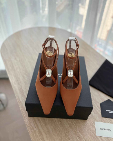 Saint Laurent Women's Ankle Strap Rhinestone Pointed Toe High Heels