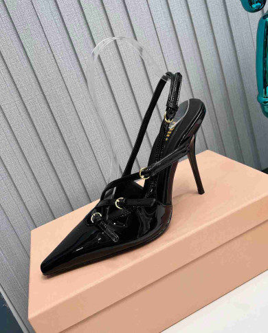 Miu Miu Patent Leather Buckle Pointed Toe Stiletto Slingback Sandals