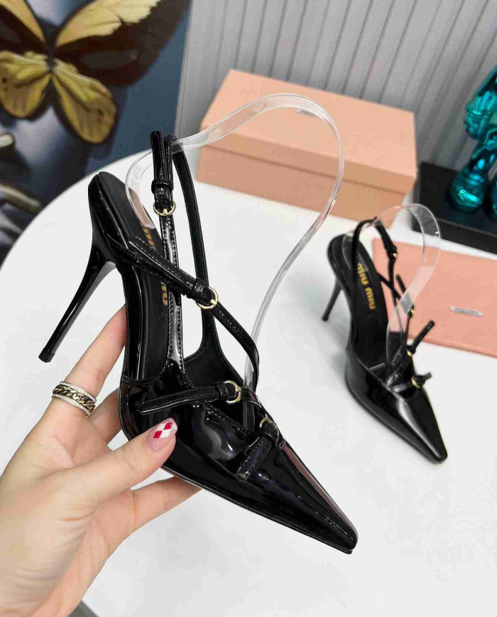 Miu Miu Patent Leather Buckle Pointed Toe Stiletto Slingback Sandals