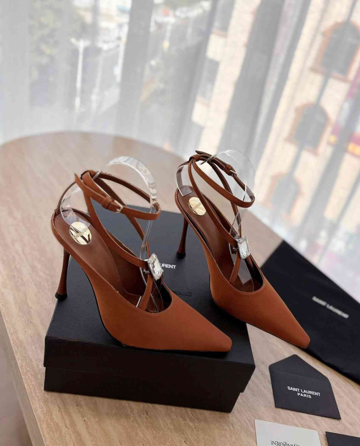 Saint Laurent Women's Ankle Strap Rhinestone Pointed Toe High Heels