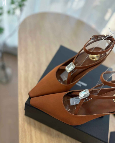 Saint Laurent Women's Ankle Strap Rhinestone Pointed Toe High Heels