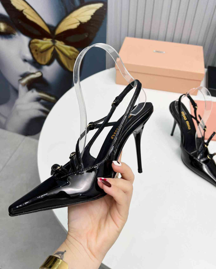 Miu Miu Patent Leather Buckle Pointed Toe Stiletto Slingback Sandals