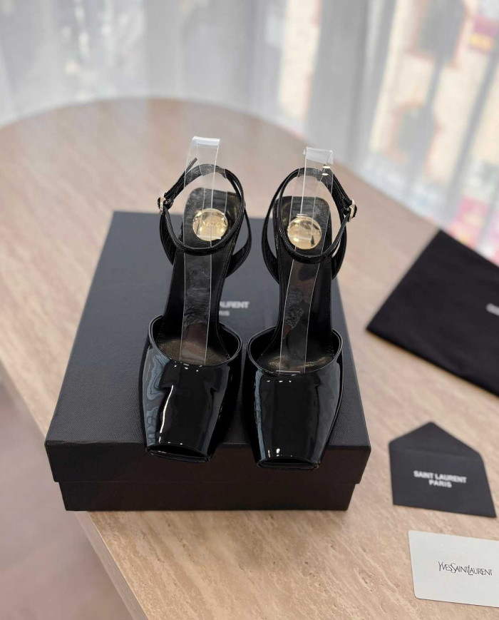Saint Laurent Patent Leather Square Toe Wedge Ankle Strap Sandals
