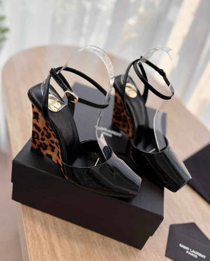 Saint Laurent Patent Leather Square Toe Wedge Ankle Strap Sandals