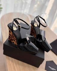 Saint Laurent Patent Leather Square Toe Wedge Ankle Strap Sandals