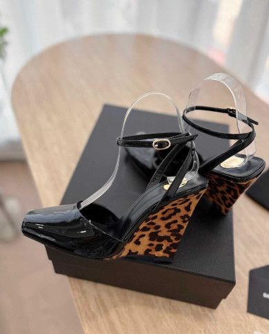 Saint Laurent Patent Leather Square Toe Wedge Ankle Strap Sandals
