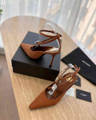 Saint Laurent Women's Ankle Strap Rhinestone Pointed Toe High Heels