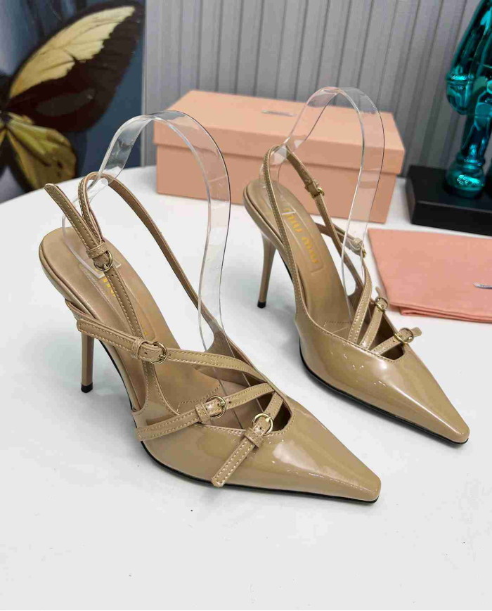 Miu Miu Patent Leather Buckle Pointed Toe Stiletto Slingback Sandals