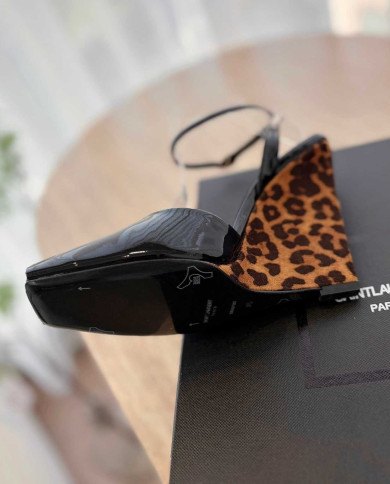 Saint Laurent Patent Leather Square Toe Wedge Ankle Strap Sandals