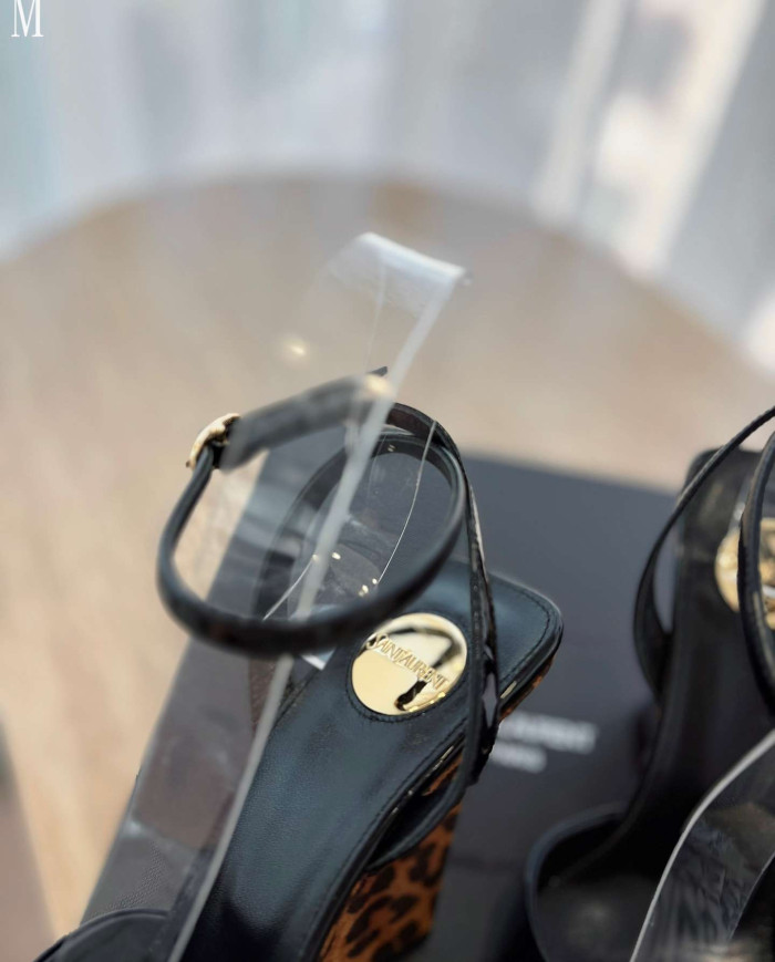 Saint Laurent Patent Leather Square Toe Wedge Ankle Strap Sandals