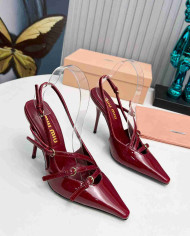 Miu Miu Patent Leather Buckle Pointed Toe Stiletto Slingback Sandals