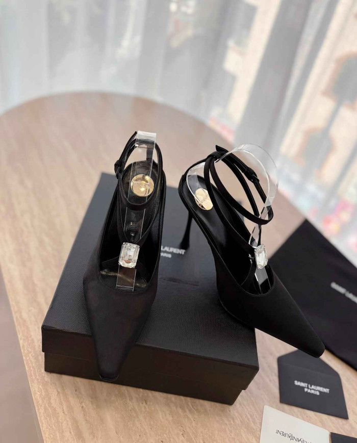 Saint Laurent Women's Ankle Strap Rhinestone Pointed Toe High Heels