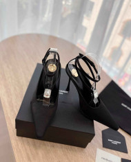 Saint Laurent Women's Ankle Strap Rhinestone Pointed Toe High Heels