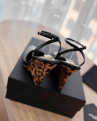 Saint Laurent Patent Leather Square Toe Wedge Ankle Strap Sandals