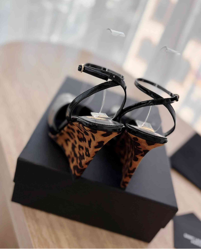 Saint Laurent Patent Leather Square Toe Wedge Ankle Strap Sandals