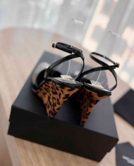 Saint Laurent Patent Leather Square Toe Wedge Ankle Strap Sandals