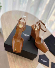 Saint Laurent Patent Leather Square Toe Wedge Ankle Strap Sandals