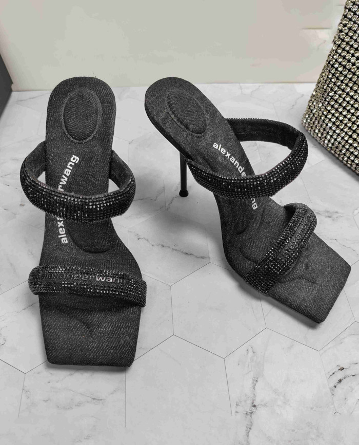 Alexander Wang Rhinestone Square Toe Thin Strap High Heel Sandals