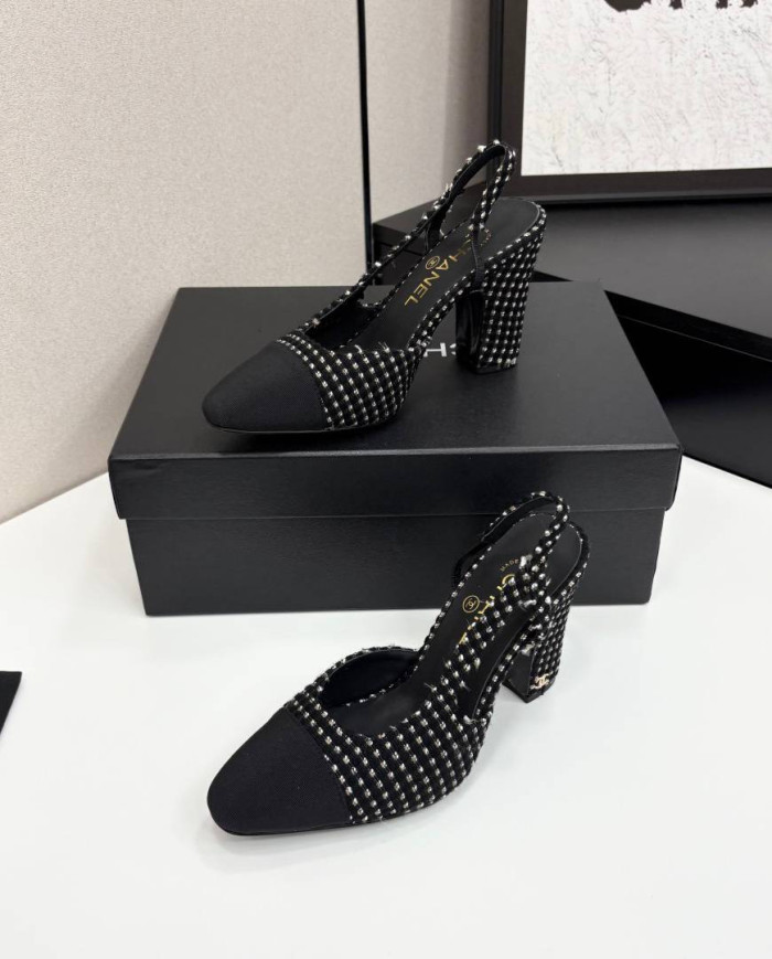 Chanel Tweed Block Heel Slingback Pumps