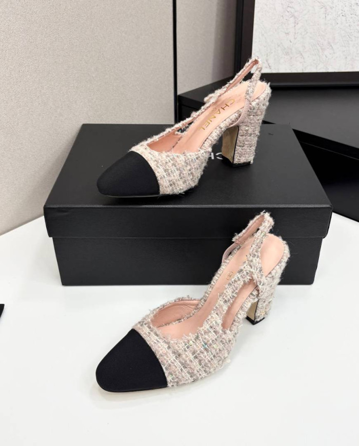 Chanel Tweed Block Heel Slingback Pumps