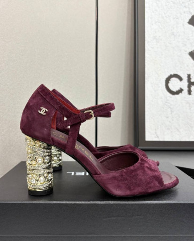 Chanel Women's Pearl Rhinestone Block Heel Open Toe Sandals