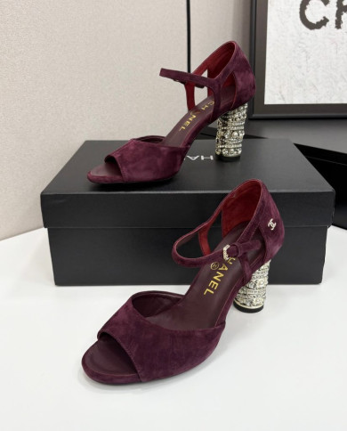 Chanel Women's Pearl Rhinestone Block Heel Open Toe Sandals