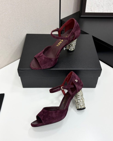 Chanel Women's Pearl Rhinestone Block Heel Open Toe Sandals