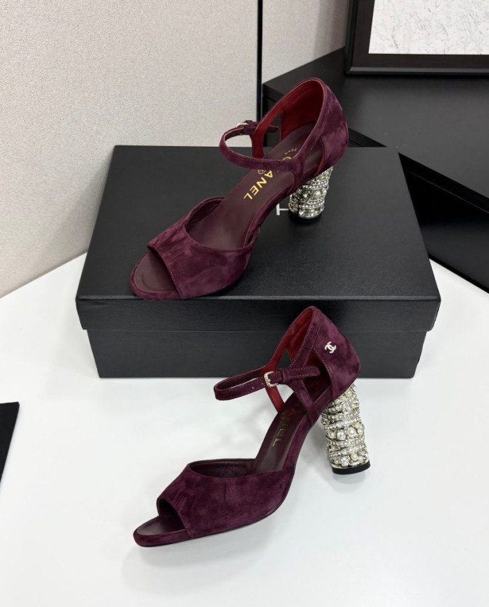 Chanel Women's Pearl Rhinestone Block Heel Open Toe Sandals