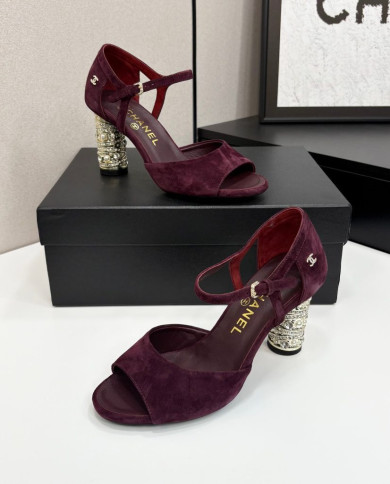 Chanel Women's Pearl Rhinestone Block Heel Open Toe Sandals