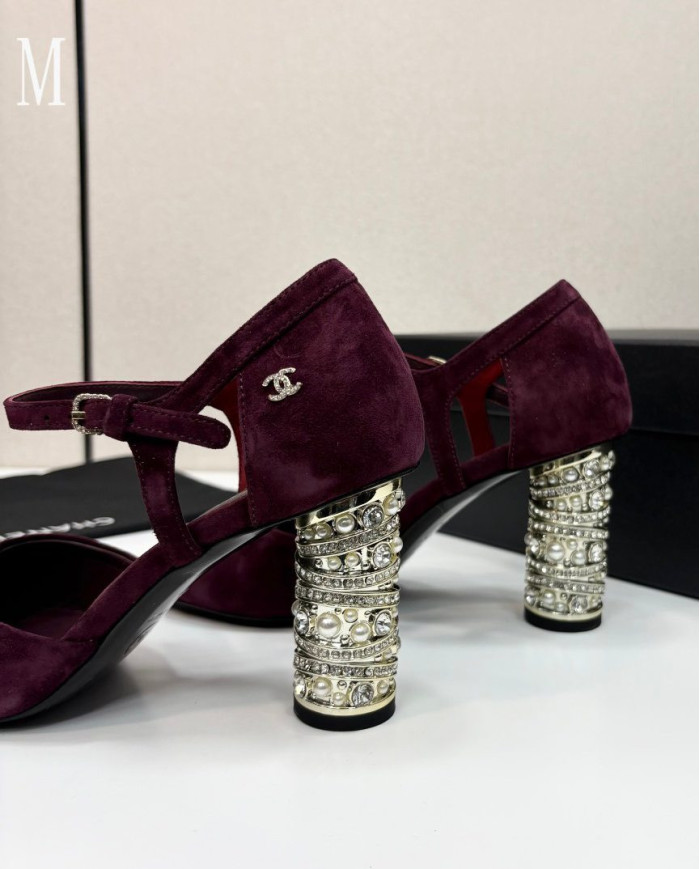 Chanel Women's Pearl Rhinestone Block Heel Open Toe Sandals