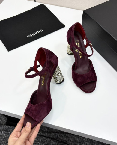 Chanel Women's Pearl Rhinestone Block Heel Open Toe Sandals