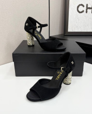 Chanel Women's Pearl Rhinestone Block Heel Open Toe Sandals