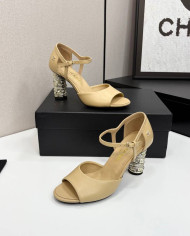 Chanel Women's Pearl Rhinestone Block Heel Open Toe Sandals