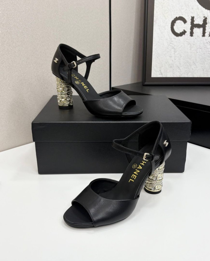 Chanel Women's Pearl Rhinestone Block Heel Open Toe Sandals